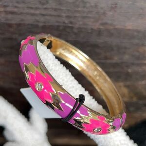 Purple & Pink  Enamels Geometric Pattern Accented with Clear Crystals in Gold Hi